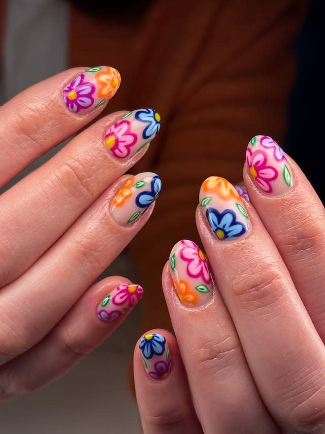 21. Retro Rainbow Floral Short Nails - flower nail ideas