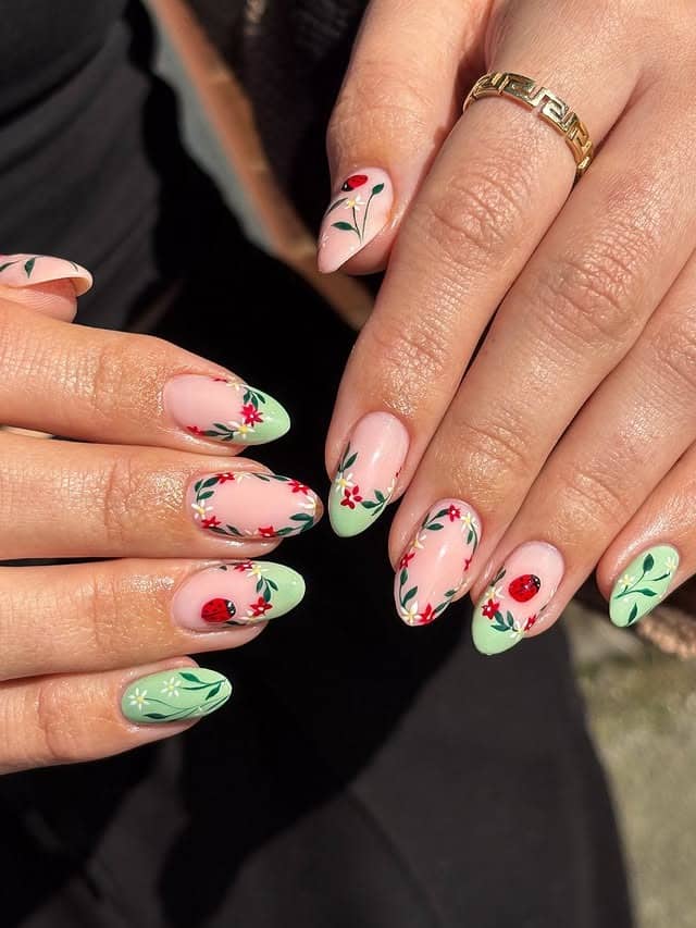22. Sage Green Floral Almond Nails - flower nail ideas