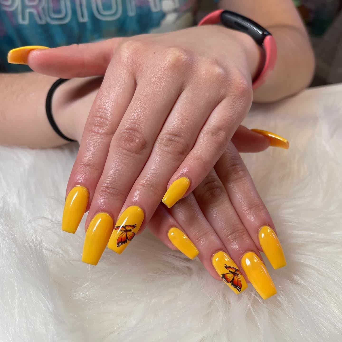 5. Golden Yellow Butterfly Coffin Nails - yellow coffin nail ideas