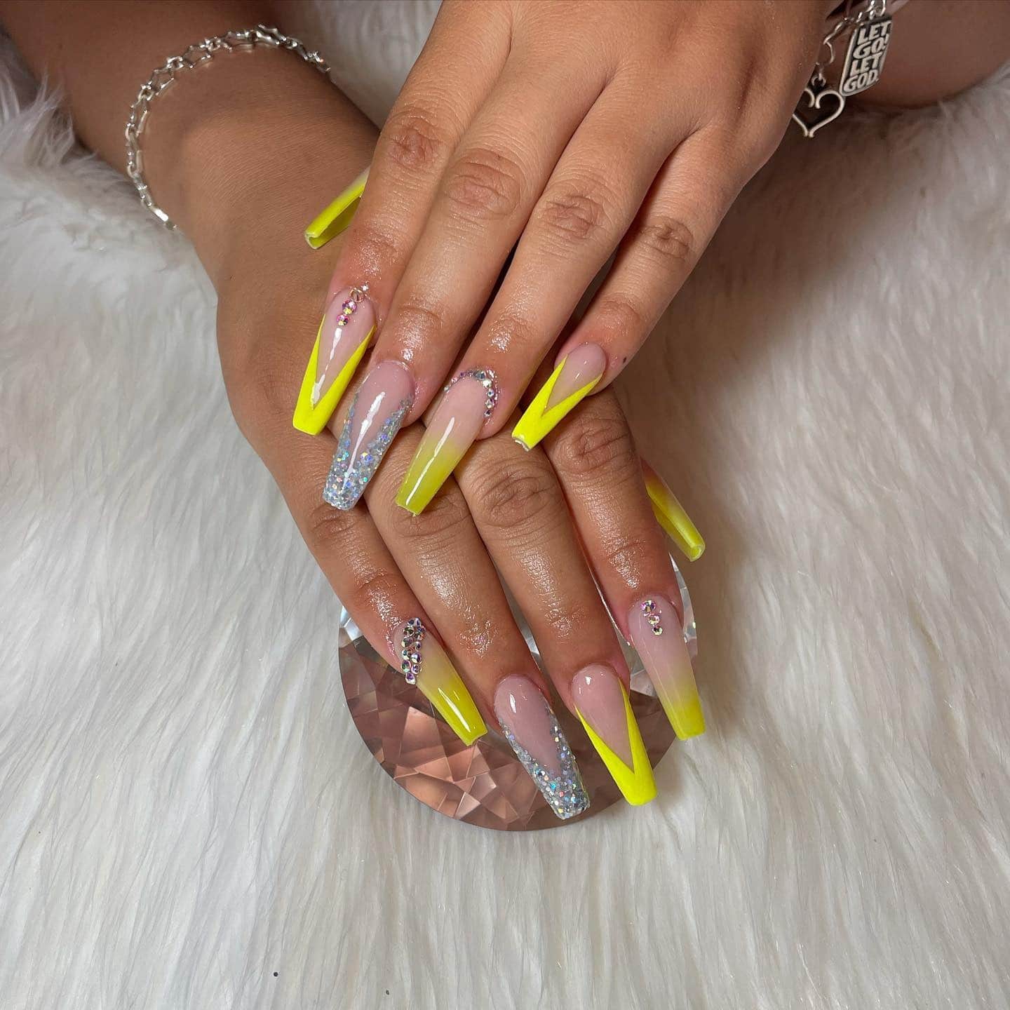 7. Neon Yellow Ombre Coffin Nails with Glitter Accent - yellow coffin nail ideas