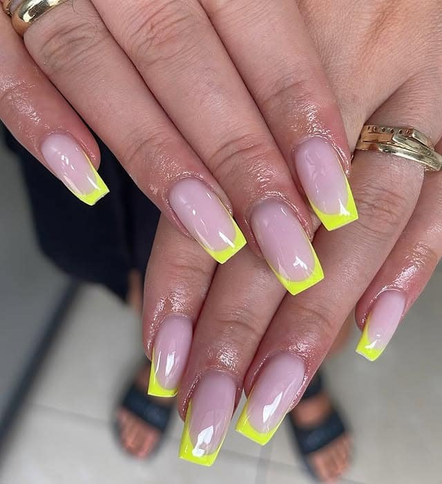 8. Neon Yellow French Tip Square Coffin Nails - yellow coffin nail ideas