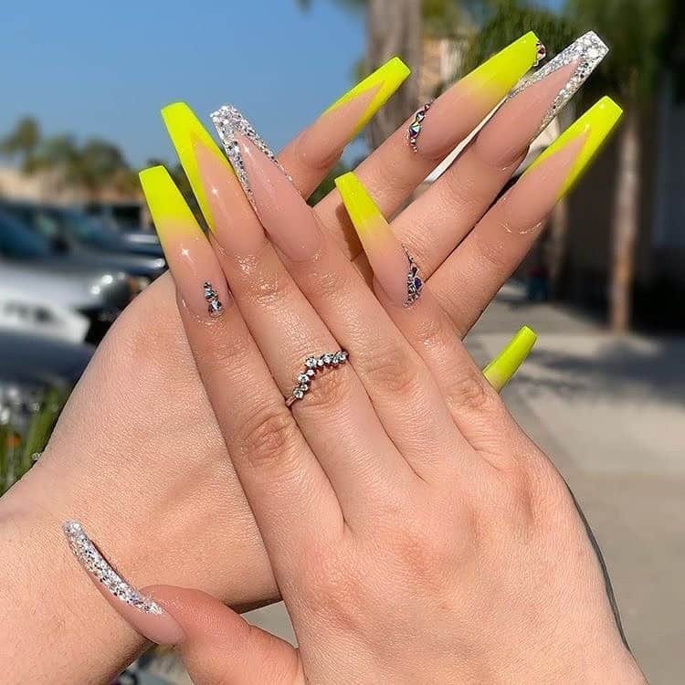 9. Extra Long Neon Yellow Glitter Coffin Nails - yellow coffin nail ideas