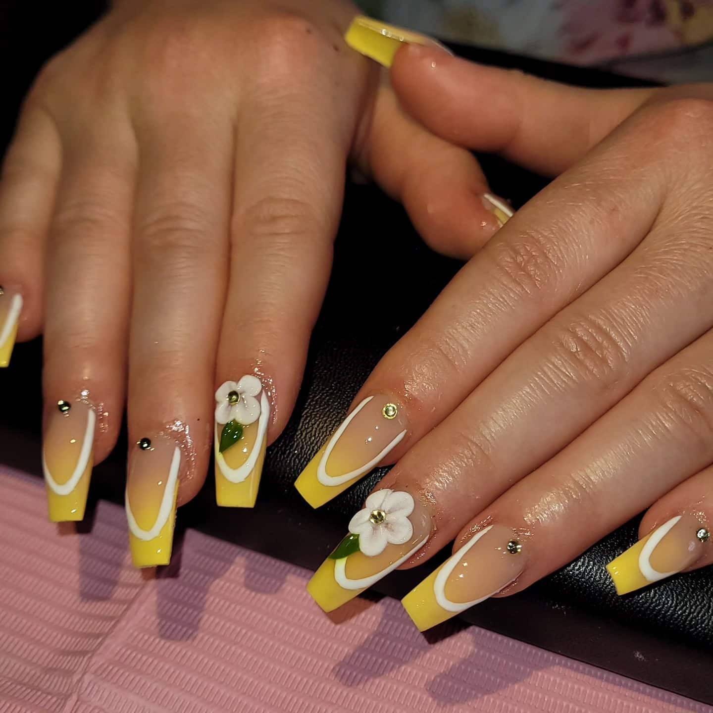 12. Lemon Yellow French Coffin Nails with 3D Flowers - yellow coffin nail ideas