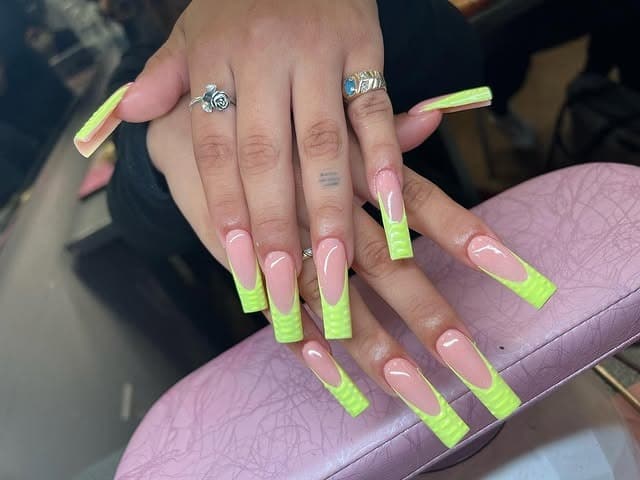 15. Neon Yellow Croc Print French Coffin Nails - yellow coffin nail ideas