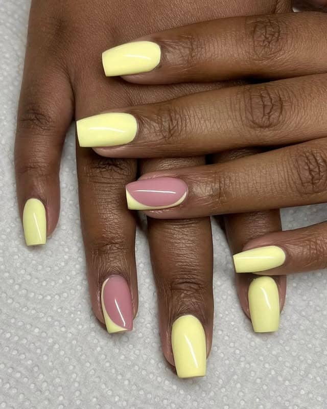 18. Soft Yellow and Pink Color Block Coffin Nails - yellow coffin nail ideas