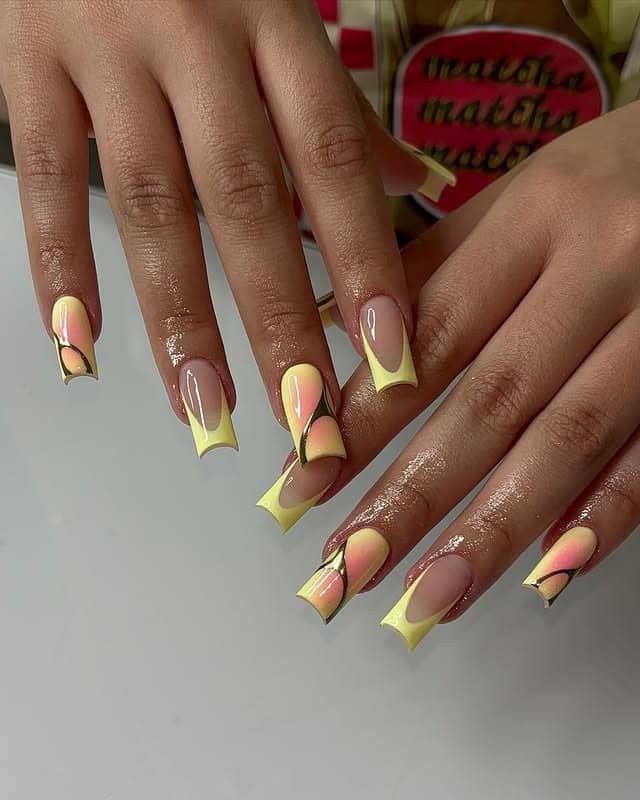 20. Pastel Yellow Abstract French Coffin Nails - yellow coffin nail ideas