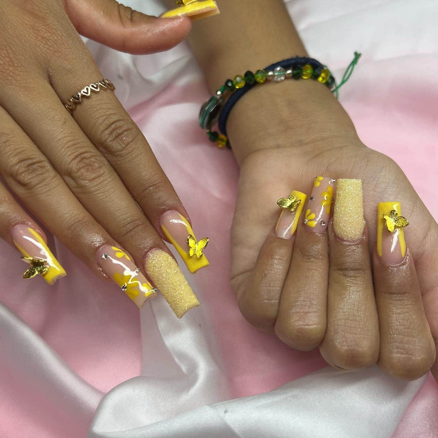 21. Yellow Butterfly Coffin Nails with Sugar Texture - yellow coffin nail ideas