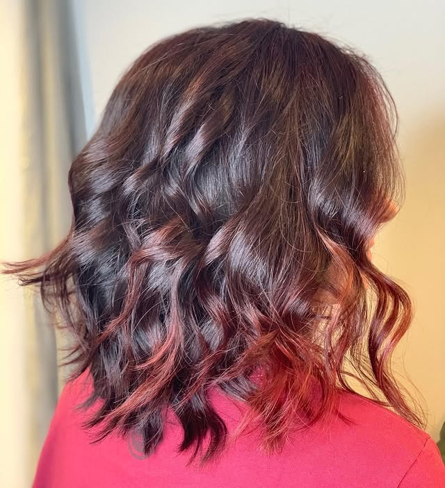 3. Wispy Shoulder-Length Waves with Burgundy Balayage - Short Wispy Haircuts