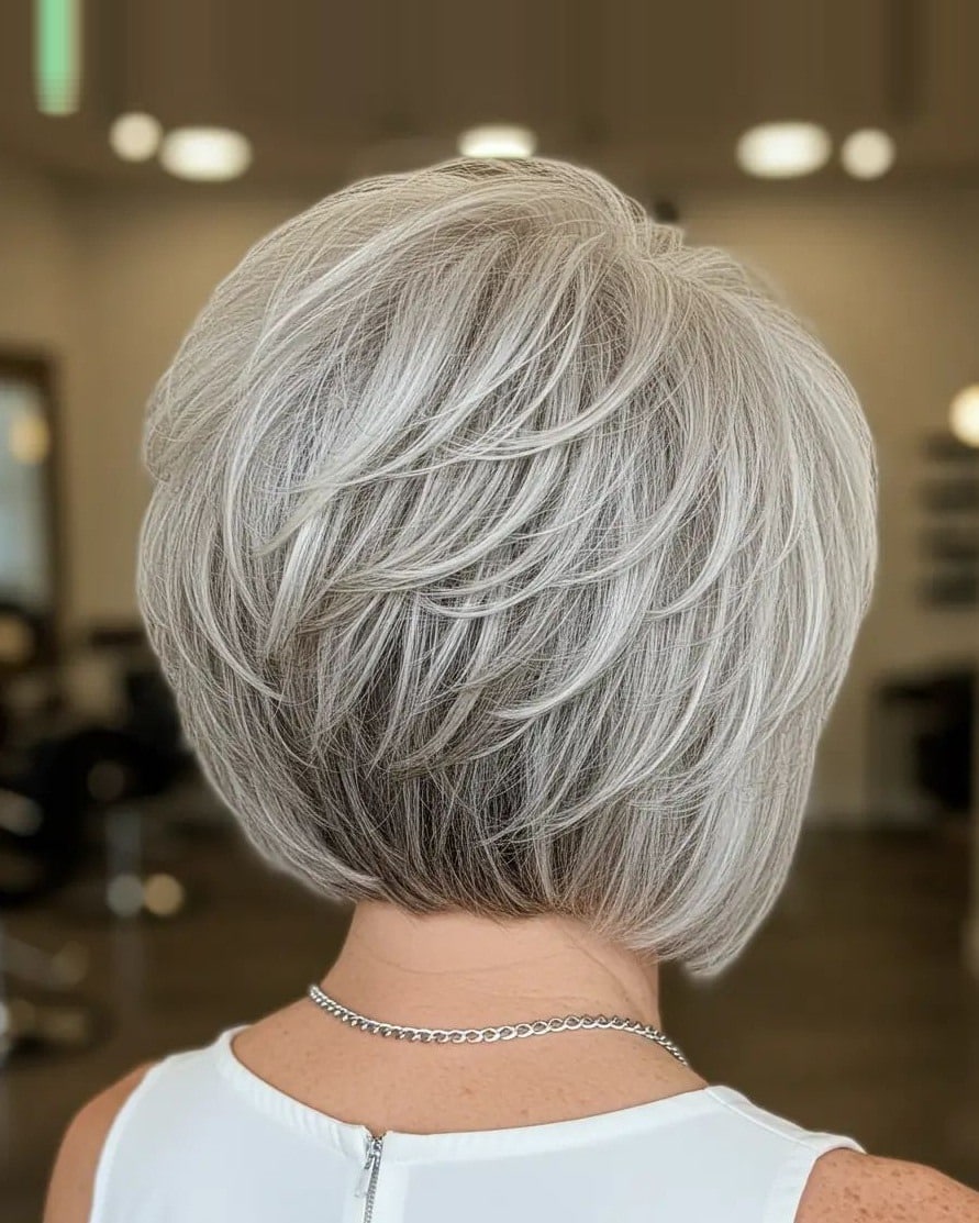 15. Layered Silver Bob with Feathered Volume - Short Wispy Haircuts