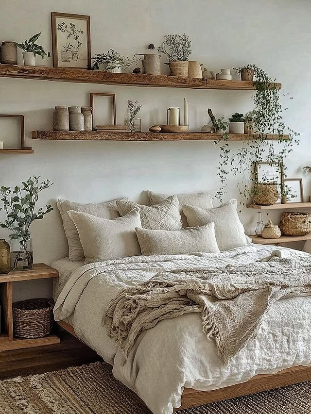 1. Rustic Neutral Bedroom with Floating Wood Shelves - earthy bedroom ideas