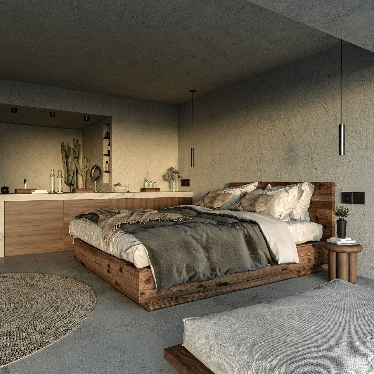 6. Modern Organic Bedroom with Concrete Walls and Walnut Wood - earthy bedroom ideas