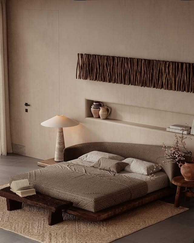 7. Japandi Earth-Tone Bedroom with Low Platform Bed - earthy bedroom ideas