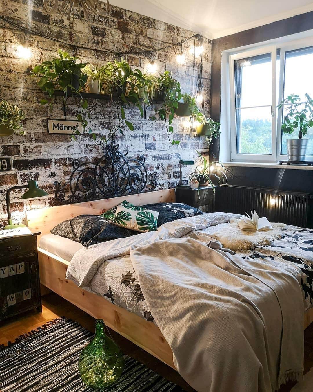 10. Industrial Earthy Bedroom with Brick Accent Wall - earthy bedroom ideas