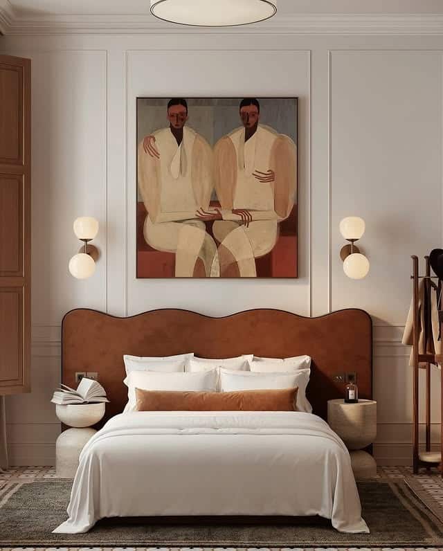 11. Curved Camel Headboard Bedroom with Contemporary Earth Tones - earthy bedroom ideas