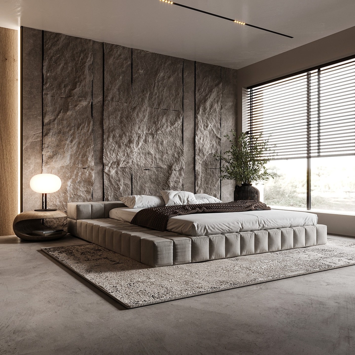 15. Contemporary Stone Wall Bedroom in Warm Greige Tones - earthy bedroom ideas