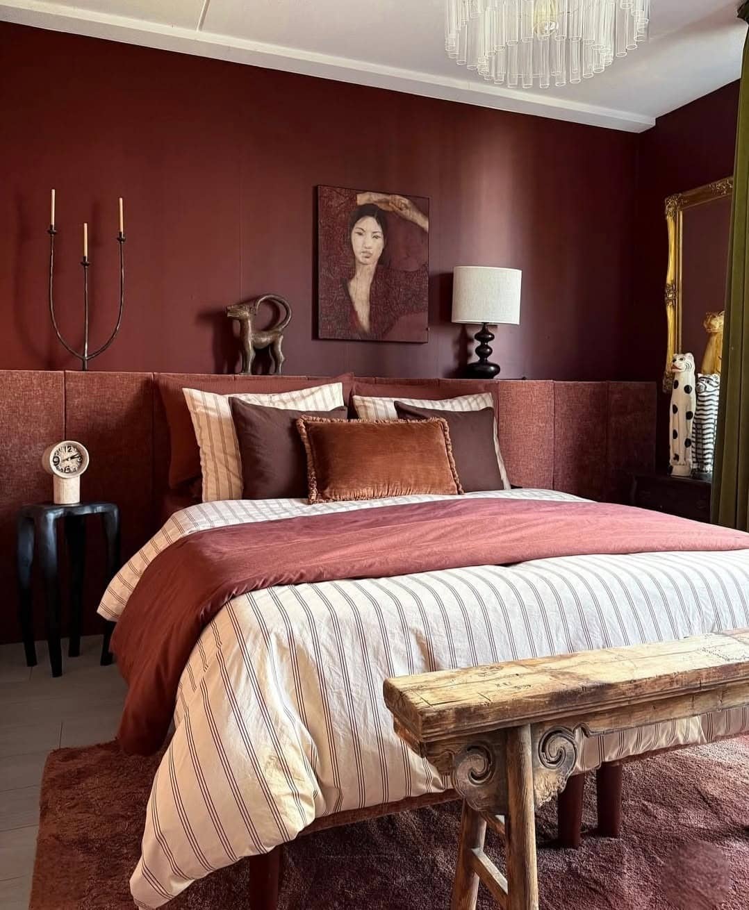 16. Deep Burgundy Bedroom with Vintage Earthy Styling - earthy bedroom ideas