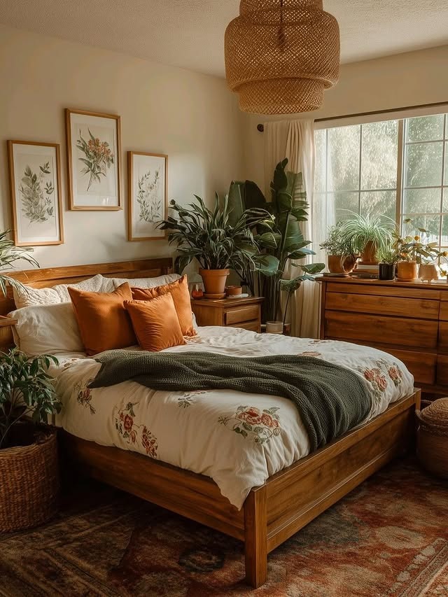 17. Botanical Earthy Bedroom with Walnut Wood Furniture - earthy bedroom ideas