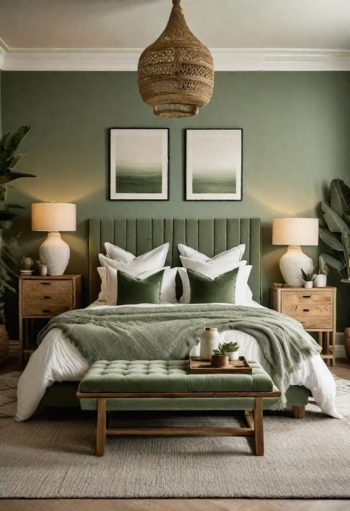 18. Sage Green Bedroom with Natural Wood Accents - earthy bedroom ideas