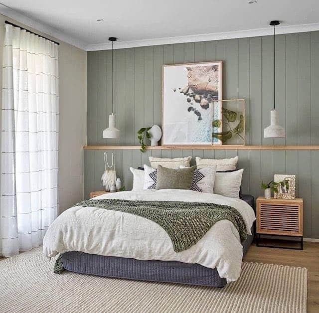 22. Sage Green Panel Wall Bedroom with Natural Linen Styling - earthy bedroom ideas
