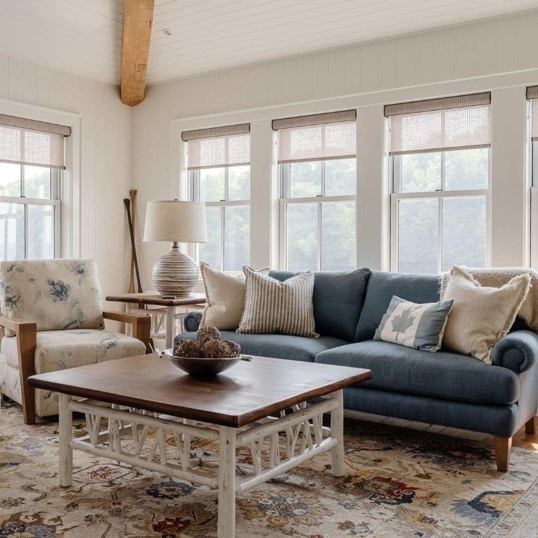 4. Blue and Cream Cottage Living Room with Casual Coastal Style - cottage living room ideas