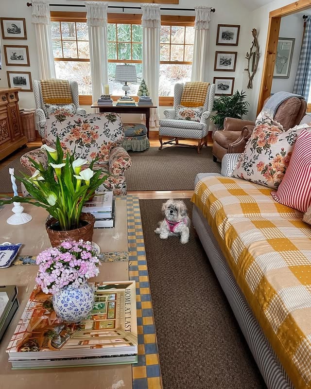 9. English Cottage Living Room with Floral and Mustard Details - cottage living room ideas