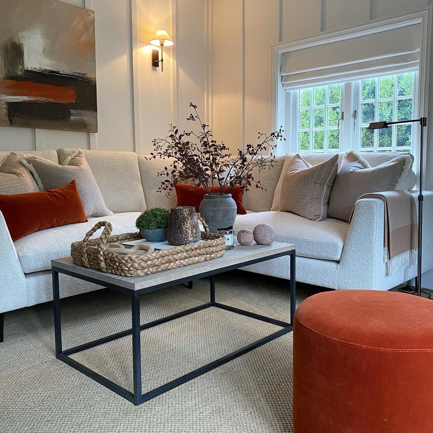 10. Contemporary Cottage Living Room in Cream and Rust - cottage living room ideas