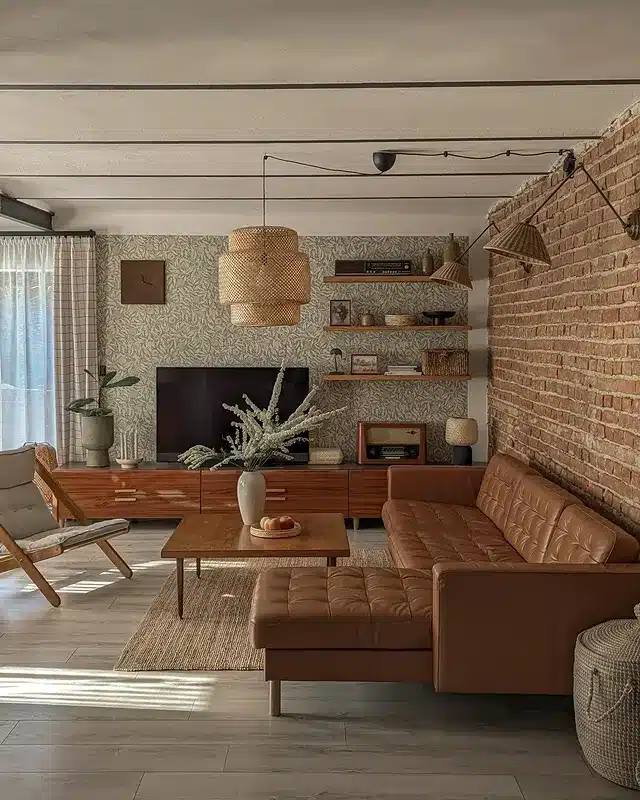 12. Rustic Cottage Living Room with Cognac Leather and Brick Accents - cottage living room ideas