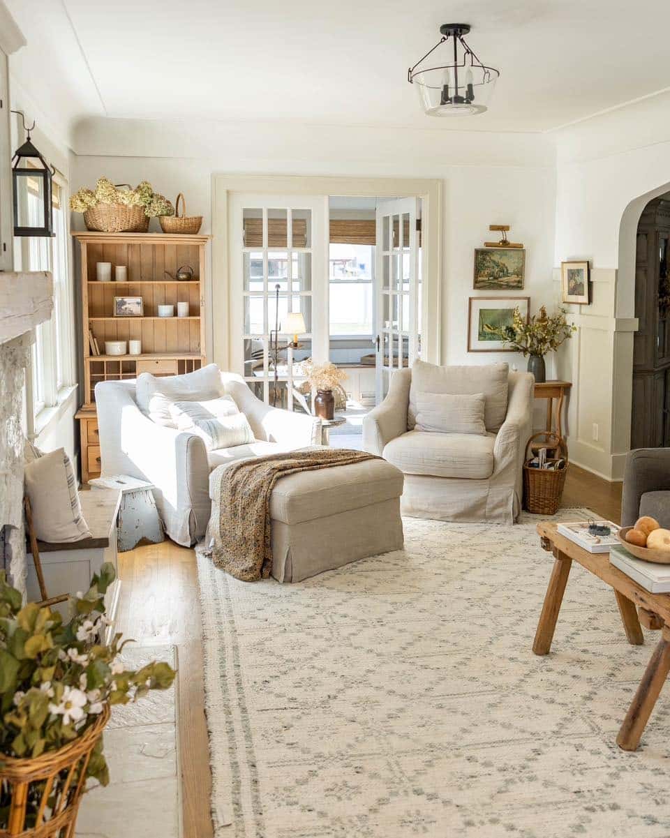 14. Cream Cottage Living Room with Natural Wood Accents - cottage living room ideas