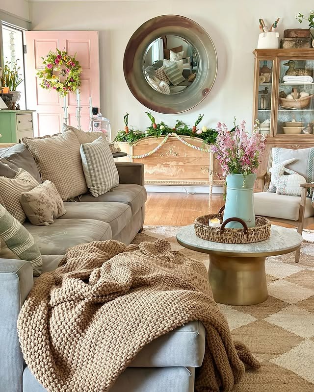 15. Soft Beige Cottage Living Room with Spring-Inspired Decor - cottage living room ideas