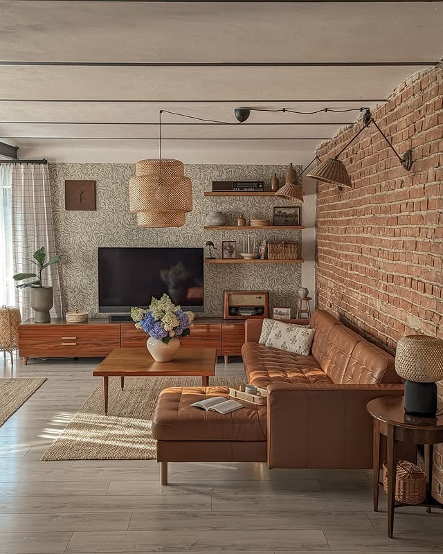 16. Mid-Century Cottage Living Room in Brown and Natural Tones - cottage living room ideas