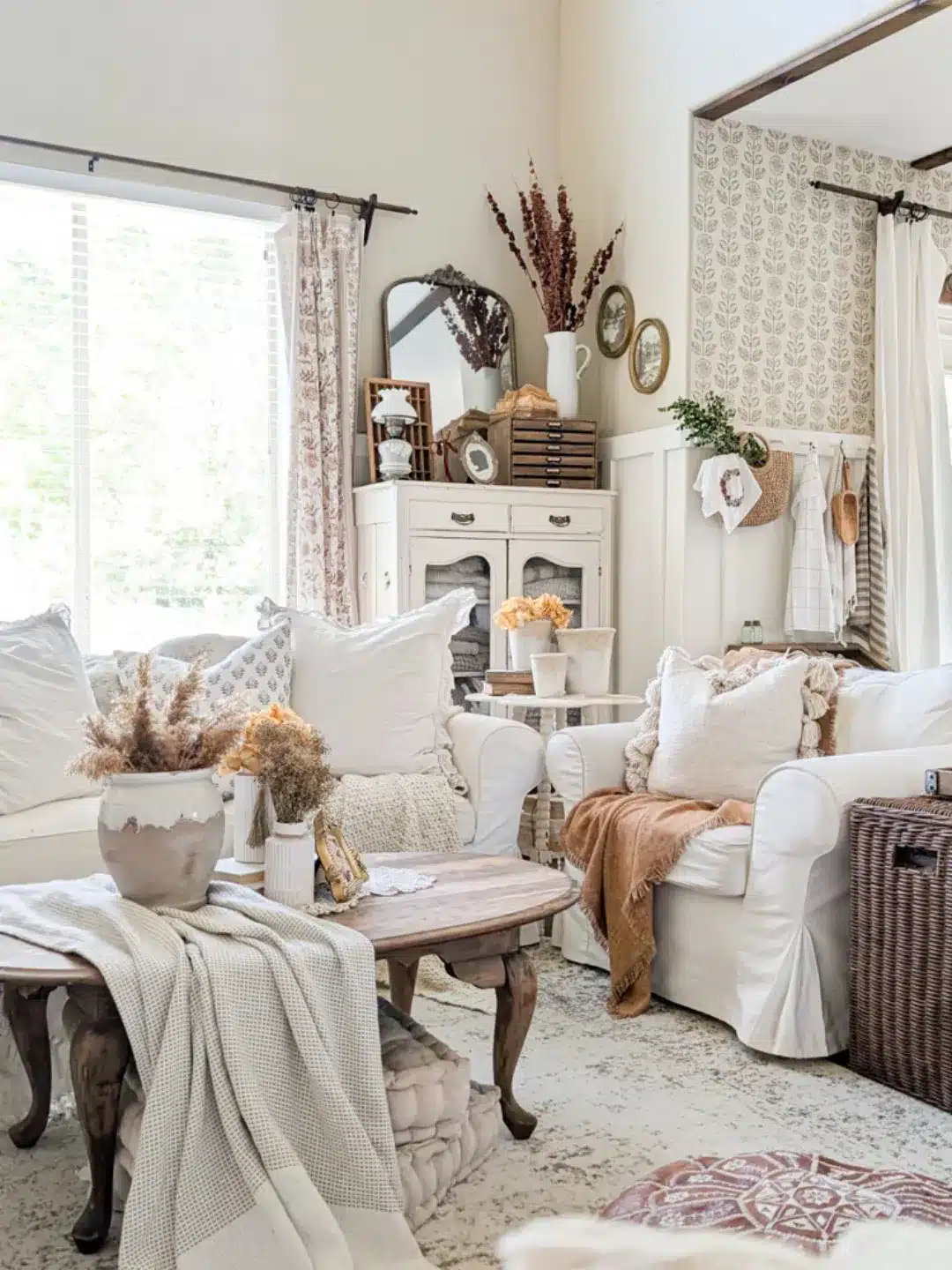19. Vintage Cottage Living Room with White Slipcovered Seating - cottage living room ideas