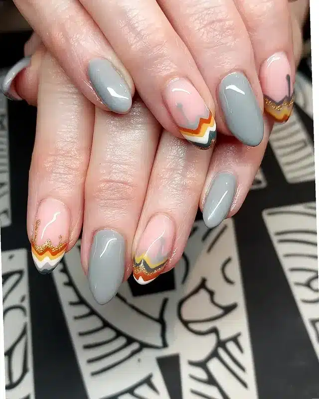 1. Retro Gray Zig Zag Almond Nails - zig zag nail ideas