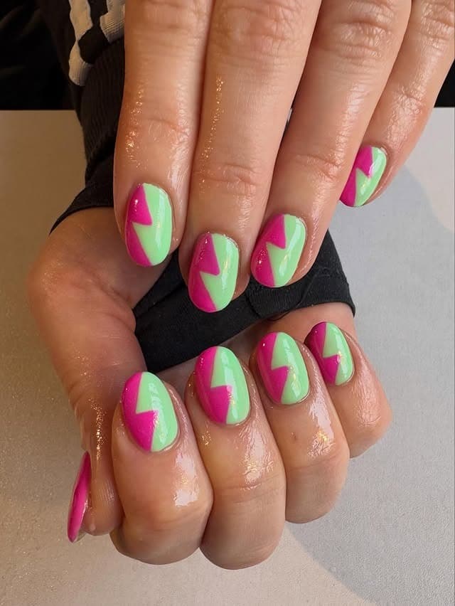 5. Neon Green and Pink Geometric Nails - zig zag nail ideas