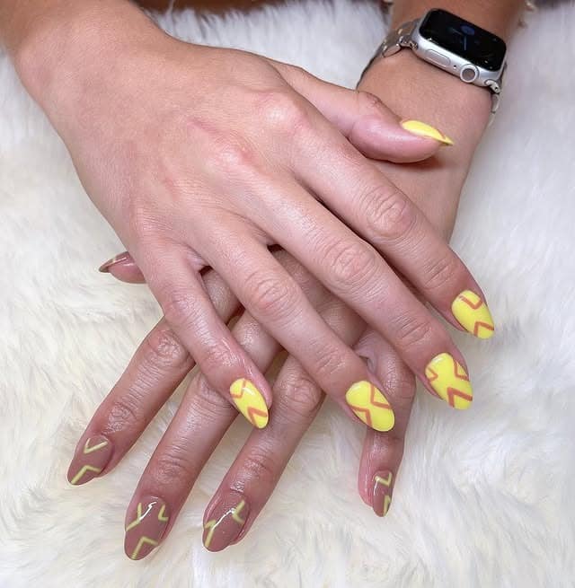 10. Pastel Yellow and Taupe Zig Zag Nails - zig zag nail ideas