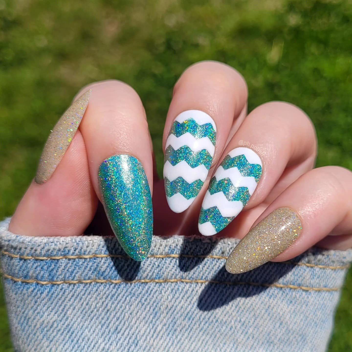 12. Glitter Aqua Chevron Almond Nails - zig zag nail ideas