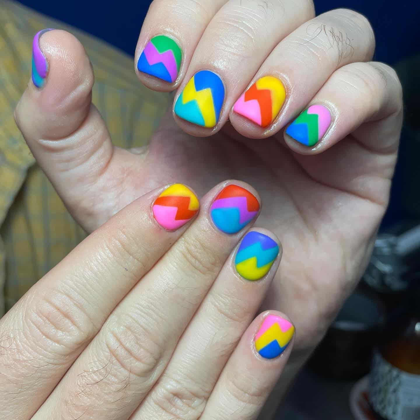 13. Rainbow Color Block Zig Zag Nails - zig zag nail ideas