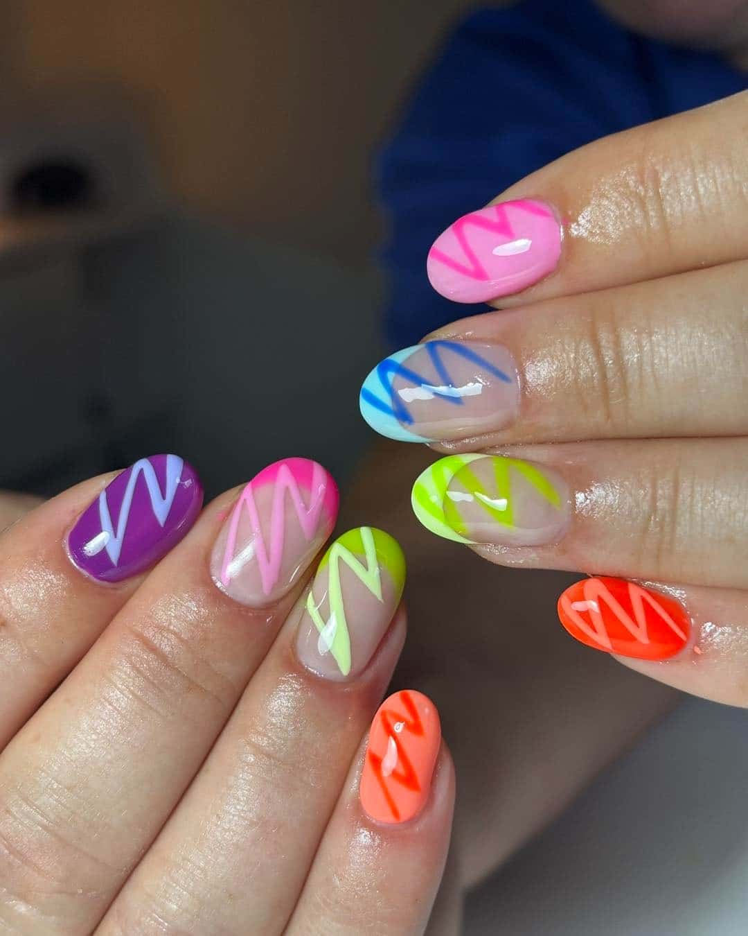 14. Neon French Zig Zag Almond Nails - zig zag nail ideas