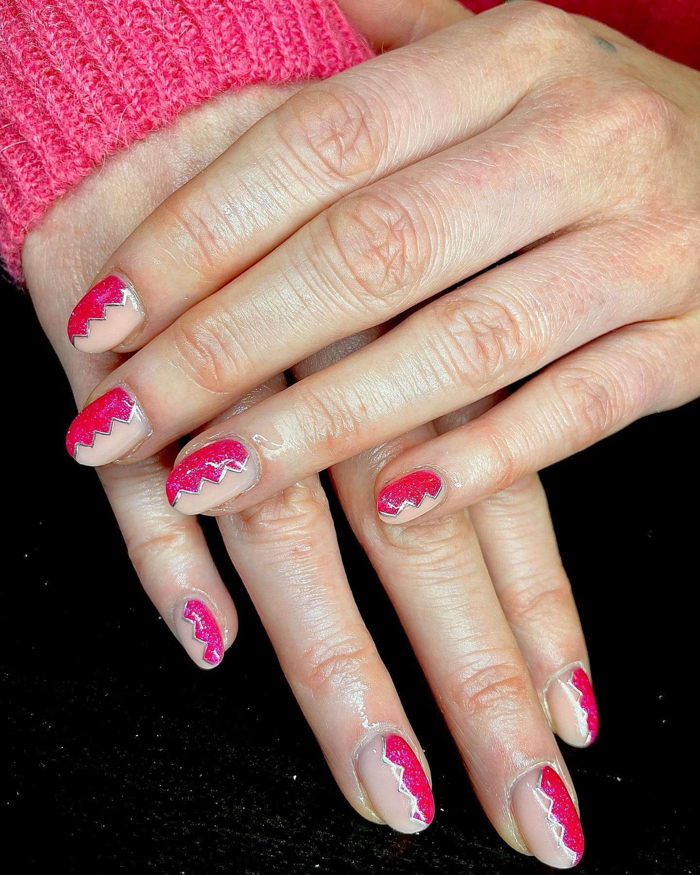 15. Pink Glitter Zig Zag French Tips - zig zag nail ideas