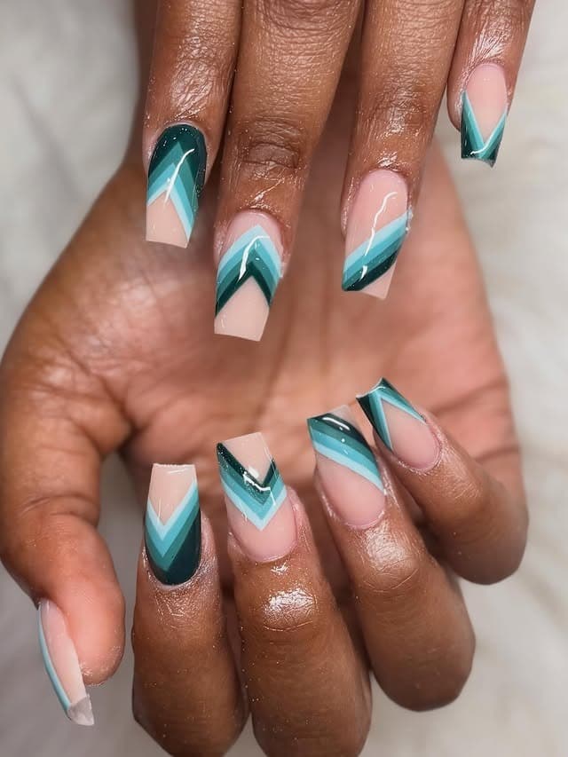 16. Teal Chevron Acrylic Coffin Nails - zig zag nail ideas