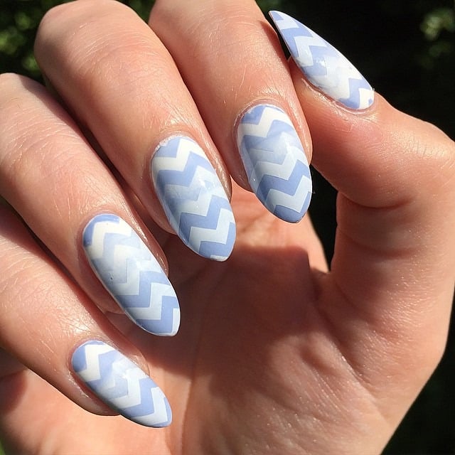 22. Pastel Blue Chevron Almond Nails - zig zag nail ideas