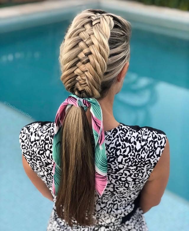 3. Blonde Ribbon Pull-Through Fishtail Ponytail - Fishtail Braid Hairstyles