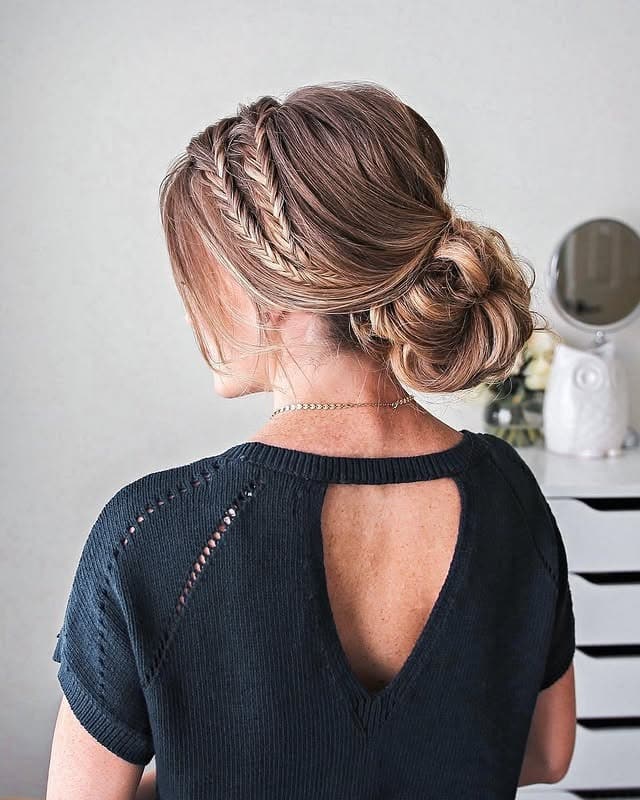 18. Sandy Blonde Fishtail Low Bun - Fishtail Braid Hairstyles