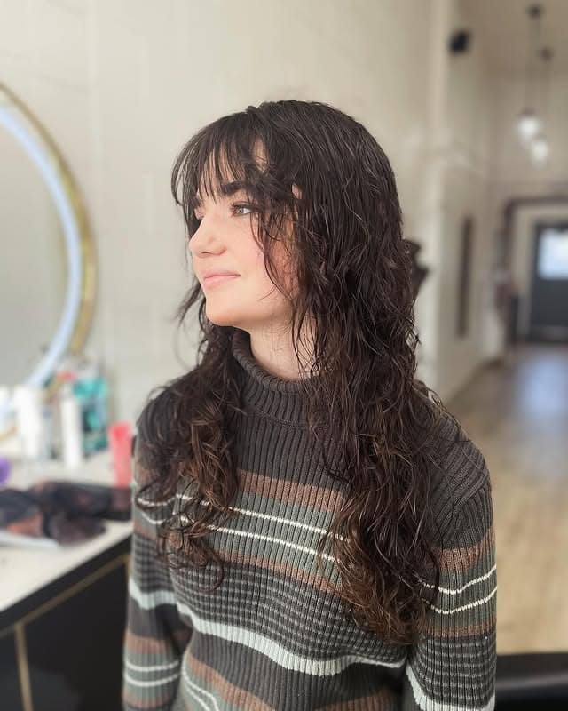 4. Medium Wavy Shag with Espresso Brown Tone - Wispy Bangs For Curly Hair