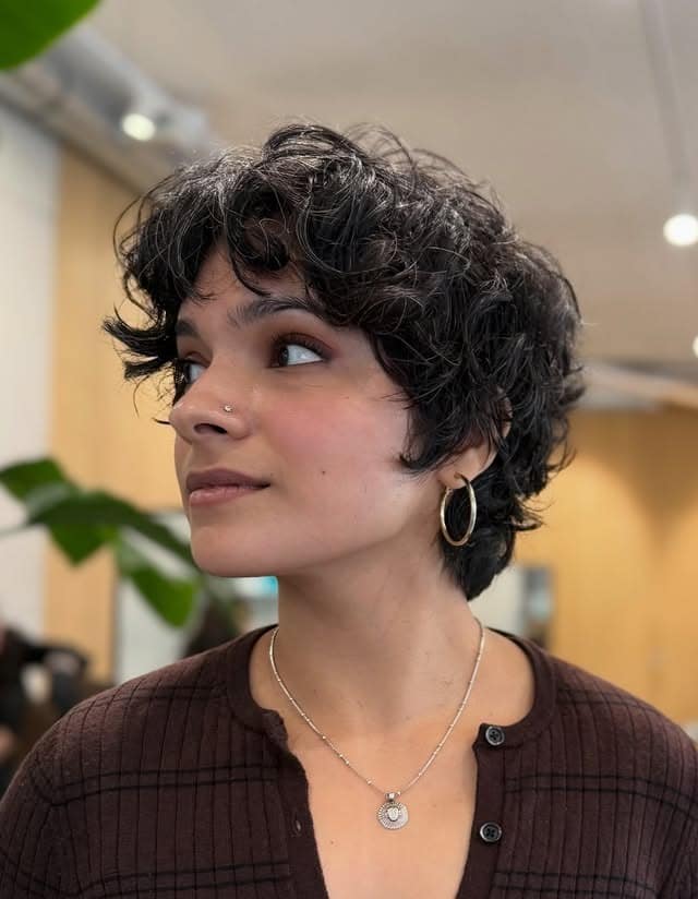 12. Textured Curly Pixie with Dark Espresso Brown Tone - Wispy Bangs For Curly Hair