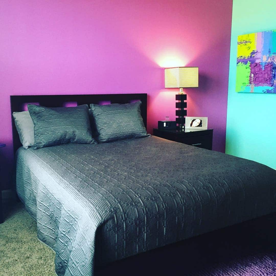2. Modern Purple Accent Bedroom With Graphite Bedding - purple and gray bedroom ideas