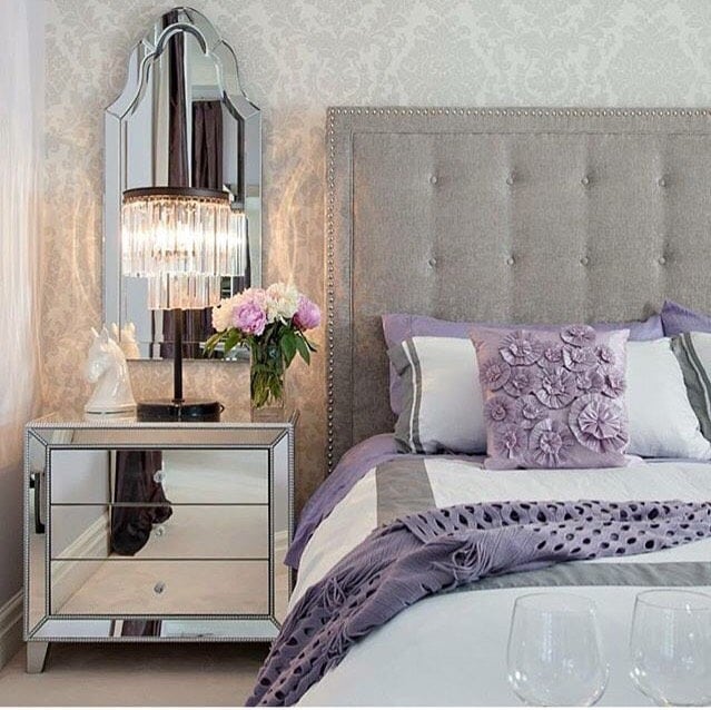 7. Elegant Silver and Lilac Bedroom Styling - purple and gray bedroom ideas