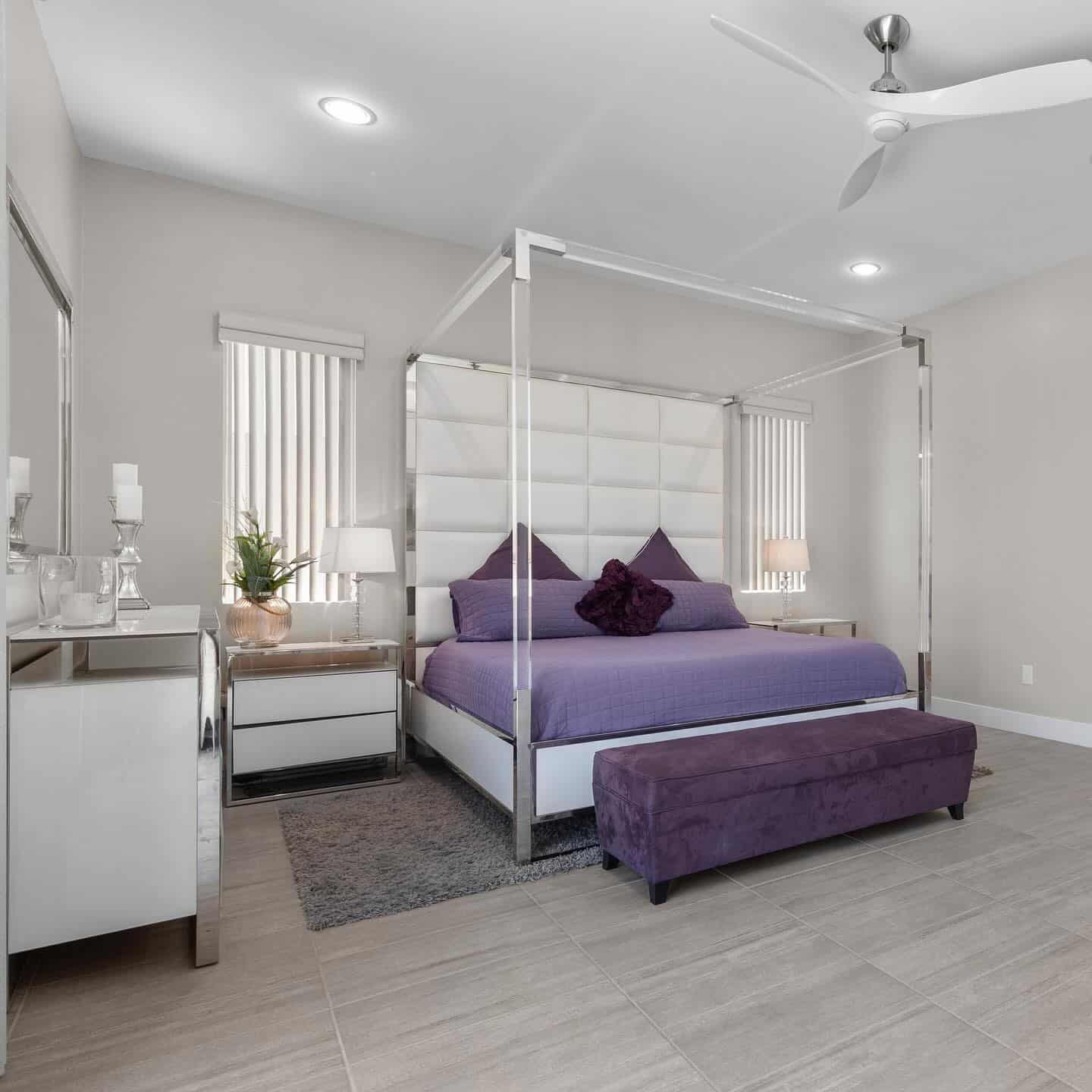 11. Modern White and Purple Canopy Bedroom - purple and gray bedroom ideas