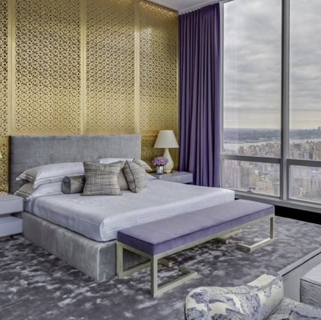 14. Luxury Gray and Purple Skyline Bedroom - purple and gray bedroom ideas