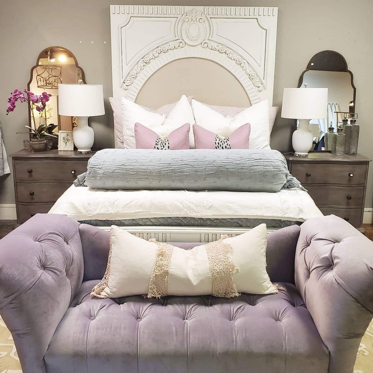 17. Blush Lavender and Gray Cottage Bedroom - purple and gray bedroom ideas