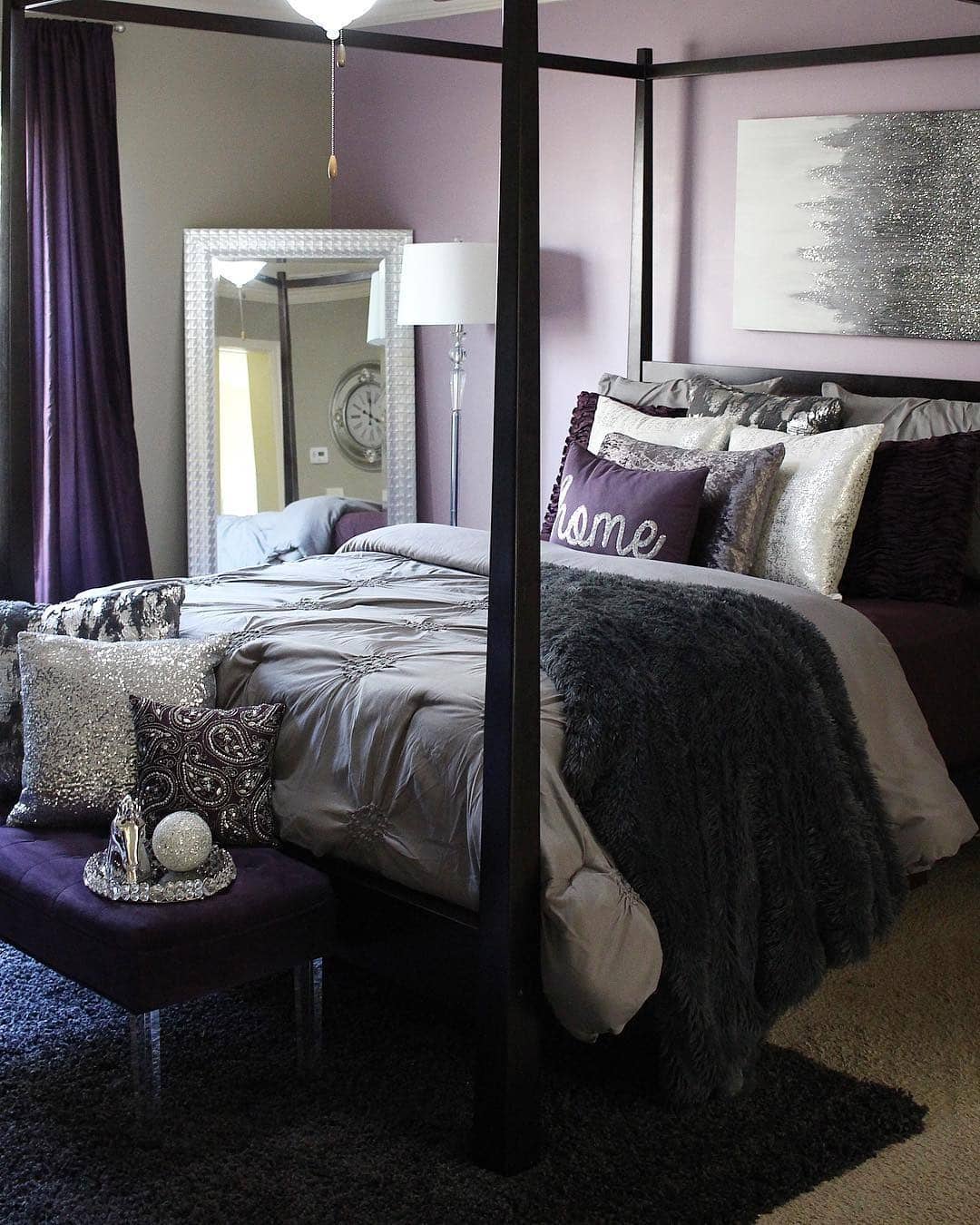 19. Glam Purple and Gray Canopy Bedroom - purple and gray bedroom ideas
